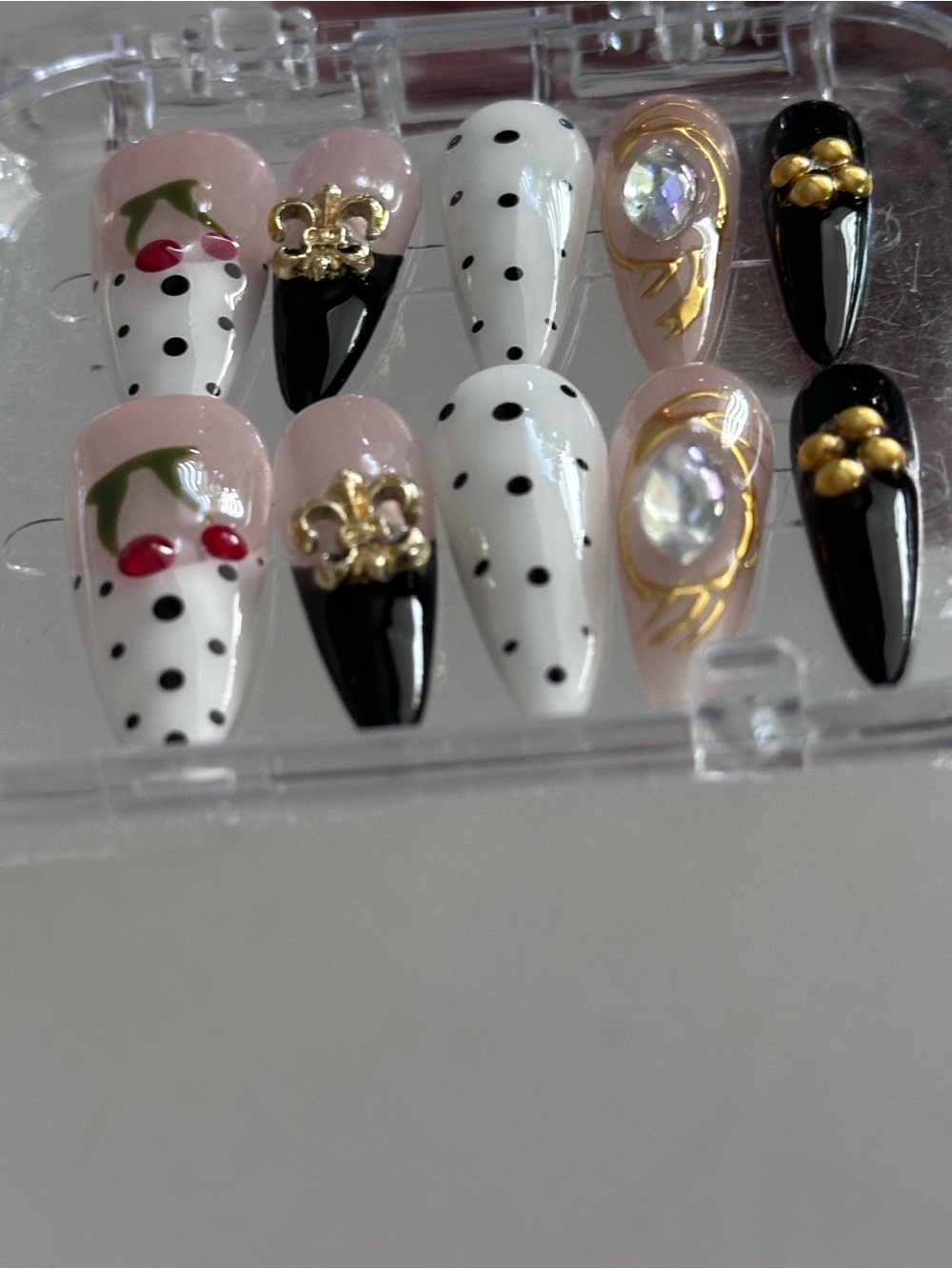 Handmade Designer-Style Press-On Nail Set - Black, White, & Gold Coquette Aesthe